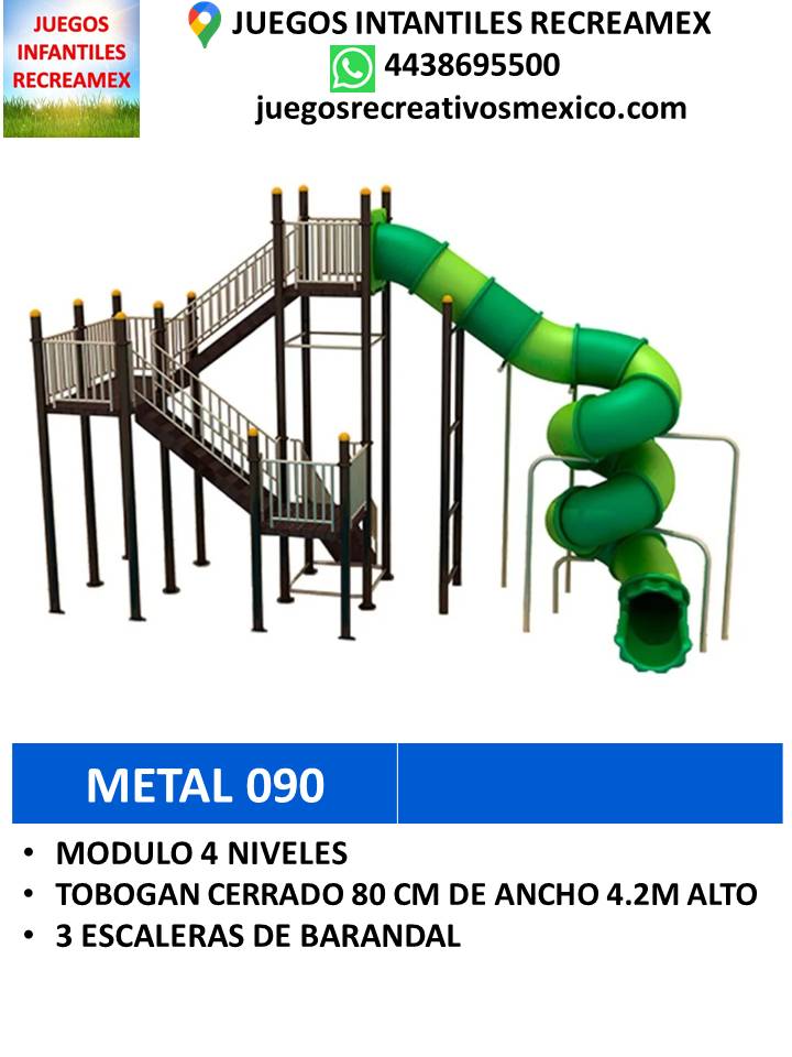 modulo de metal con 4 niveles, tobogan de 4.2m de alto, 3 escaleras de barandal.